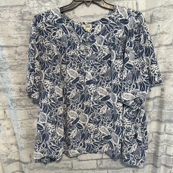 a.n.a Blouse Womens 3X White Blue Vneck Short Sleeve Floral - Picture 1 of 16